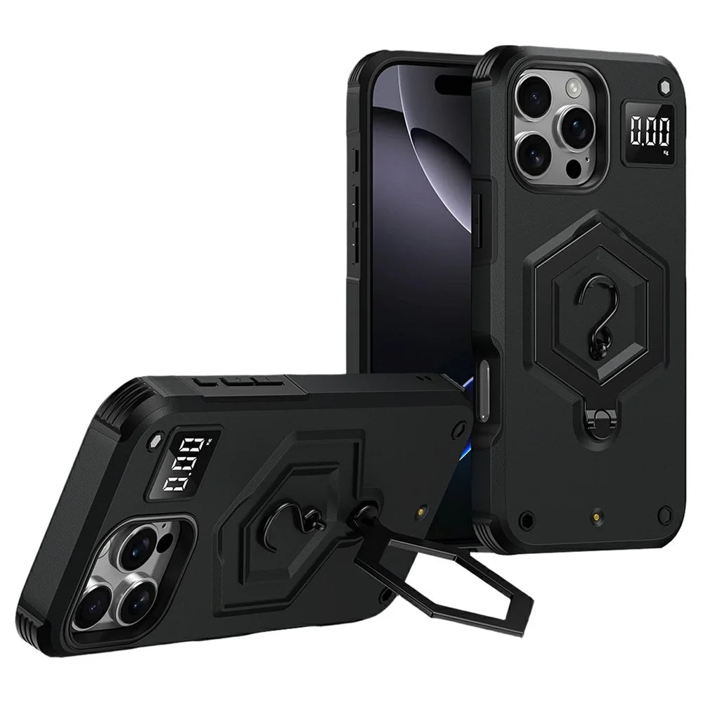 For iPhone 16 Pro Max Case Hexagonal Kickstand Shockproof TPU PC Matte Phone Cover with Integrated Scale Hook - Black - 1