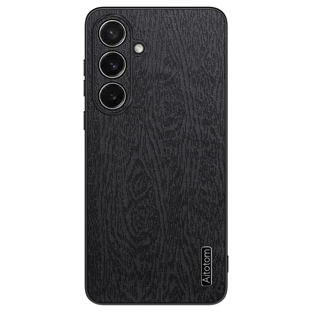 For Samsung Galaxy S26+ Case Wood Texture PU Leather Coated PC TPU Phone Cover - Black - 1