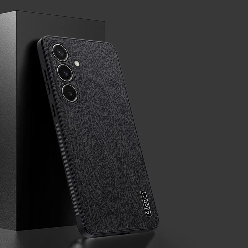 For Samsung Galaxy S26 Case Wood Texture PU Leather Coated PC TPU Phone Cover - Black - 2