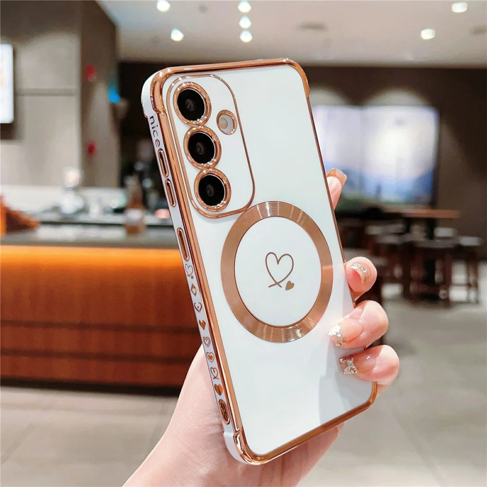 For Samsung Galaxy S26 Magnetic Case Electroplated TPU Phone Cover Hollow Love Hearts - Ivory White - 2