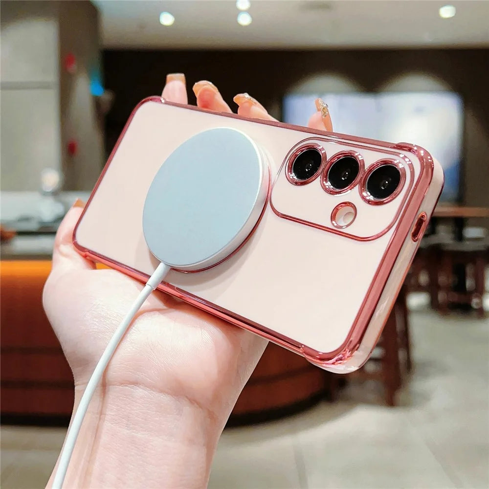For Samsung Galaxy S26 Magnetic Case Electroplated TPU Phone Cover Hollow Love Hearts - Ivory White - 3