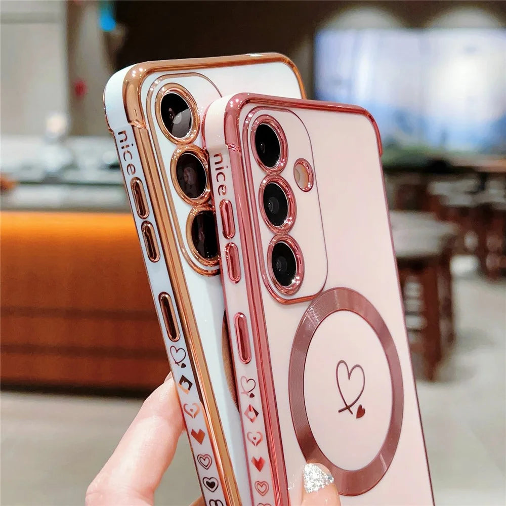 For Samsung Galaxy S26 Magnetic Case Electroplated TPU Phone Cover Hollow Love Hearts - Ivory White - 4