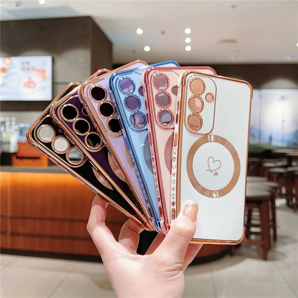 For Samsung Galaxy S26 Magnetic Case Electroplated TPU Phone Cover Hollow Love Hearts - Ivory White - 6