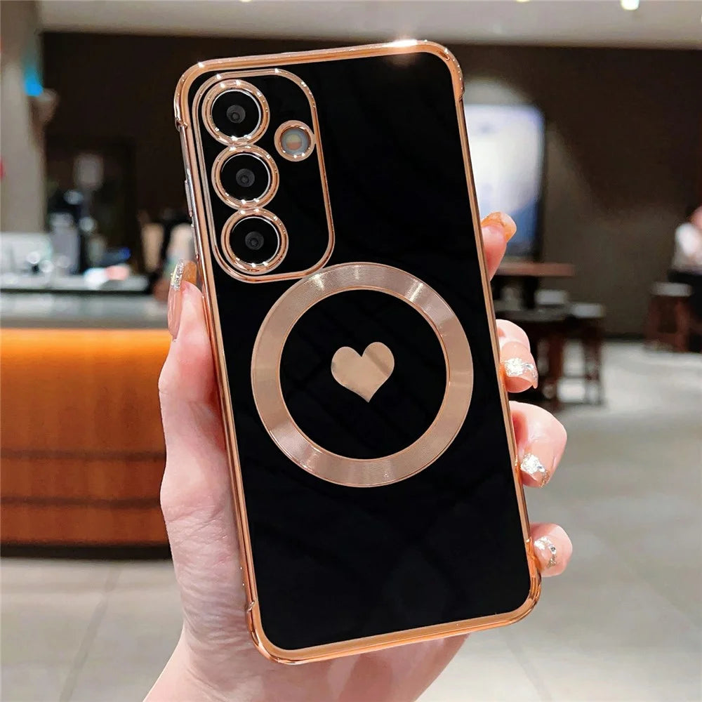 For Samsung Galaxy S26+ Magnetic Case Electroplating Soft TPU Cover with Cute Love Heart - Black - 1