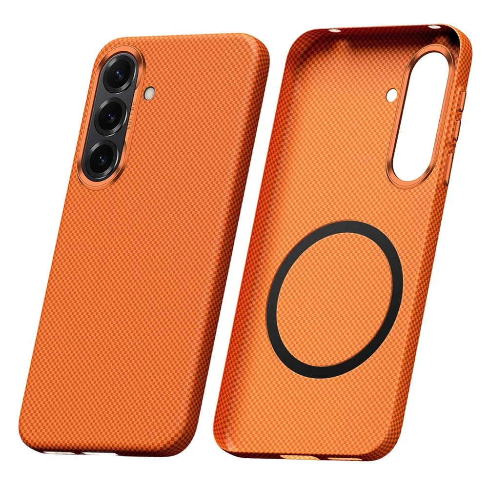 SULADA For Samsung Galaxy S26+ Protective Magnetic Case Aramid Fiber Grid Textured Anti Fingerprint PC Phone Cover - Orange - 1