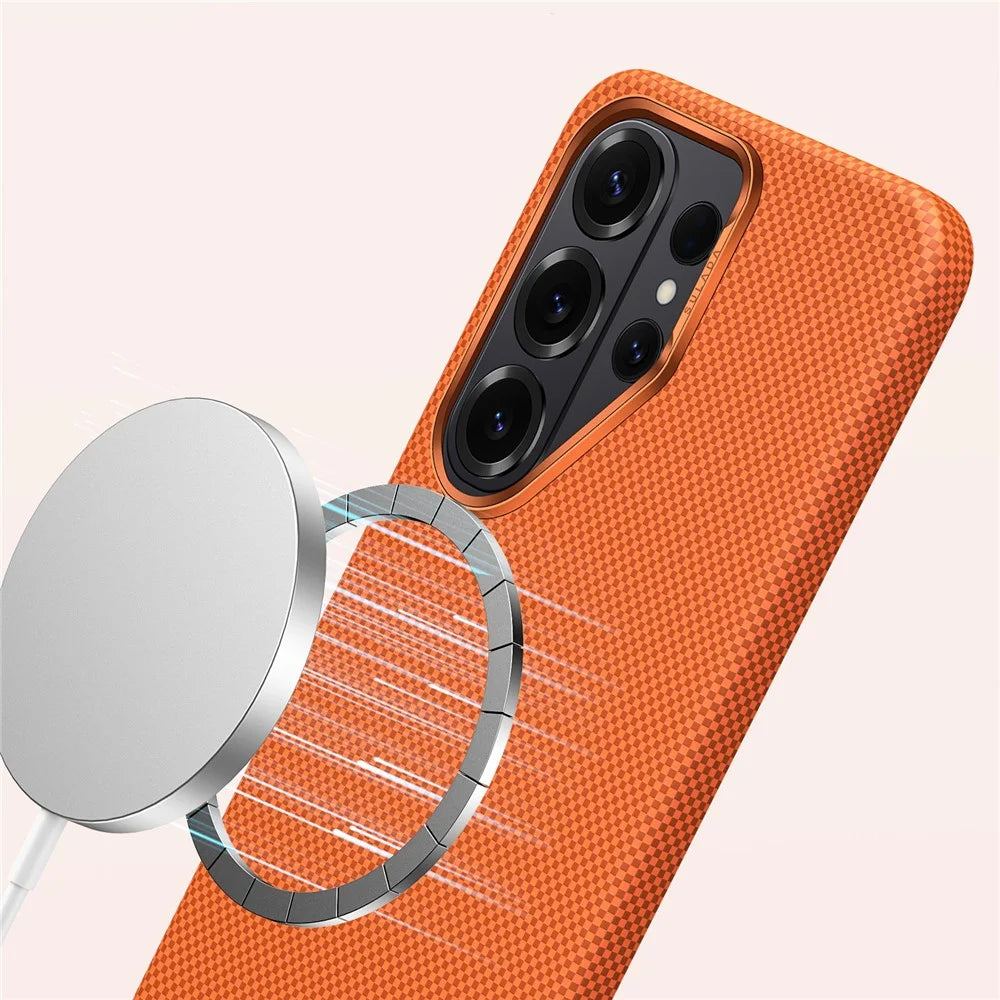 SULADA For Samsung Galaxy S26 Ultra Protective Magnetic Case Aramid Fiber Grid Textured Anti Fingerprint PC Phone Cover - Orange - 5