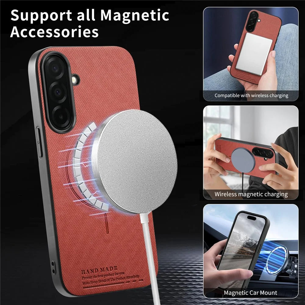 For Samsung Galaxy S26+ Magnetic Case Cloth Texture PC + TPU + PU Leather Anti-Scratch Phone Cover - Brownish Red - 4
