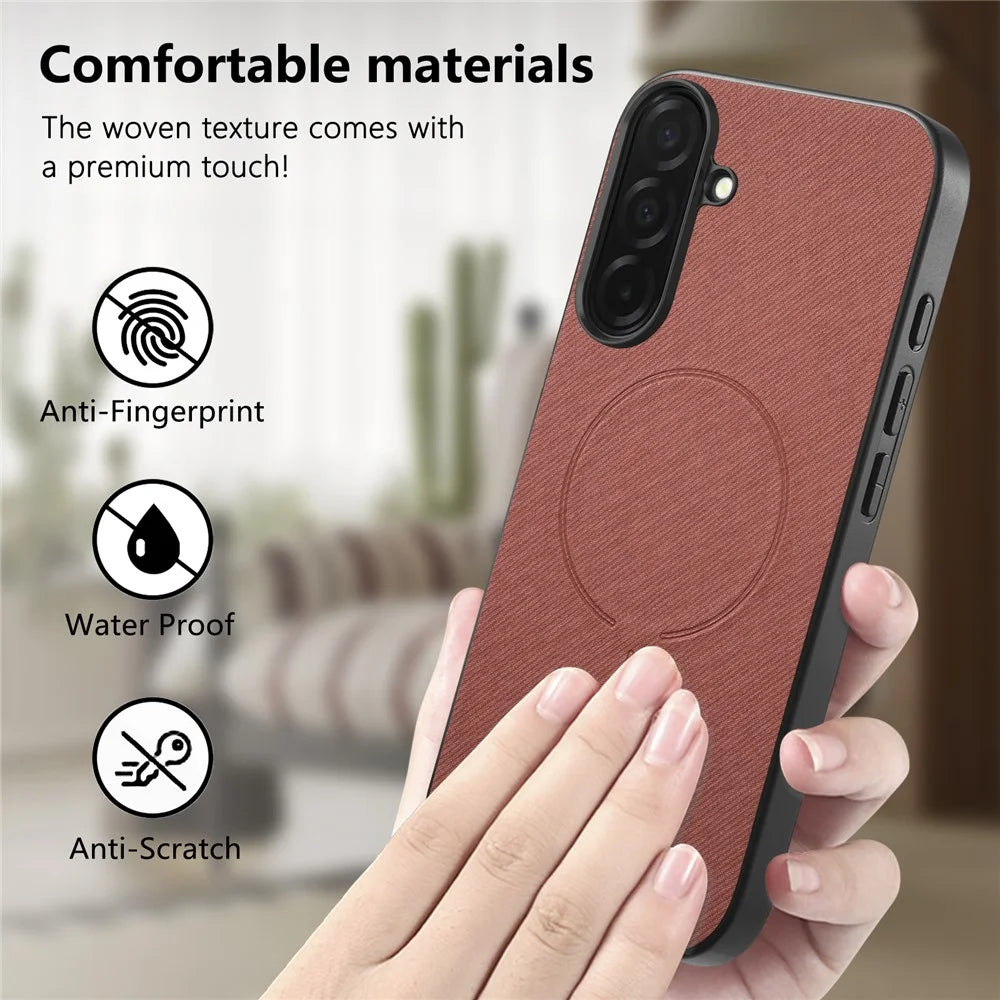 For Samsung Galaxy S26+ Magnetic Case Cloth Texture PC + TPU + PU Leather Anti-Scratch Phone Cover - Brownish Red - 5