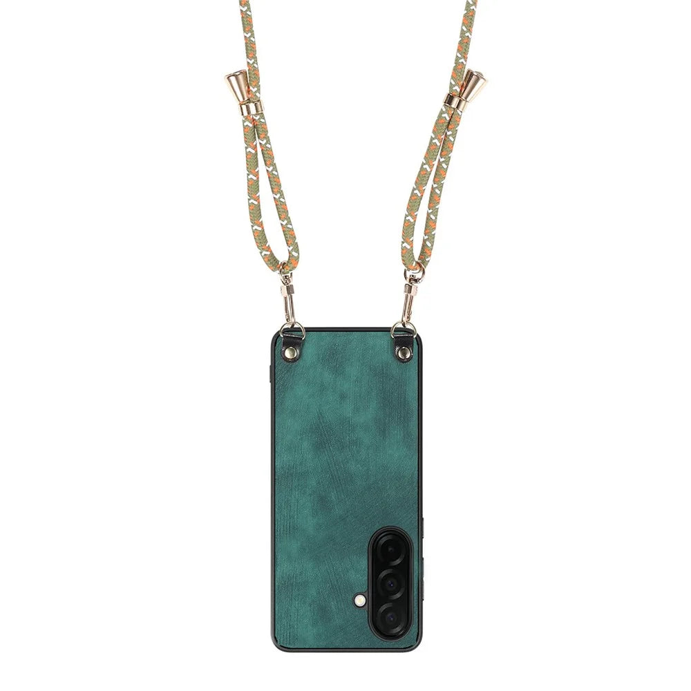 For Samsung Galaxy S26+ Retro Leather Phone Back Cover with Adjustable Strap - Green - 3