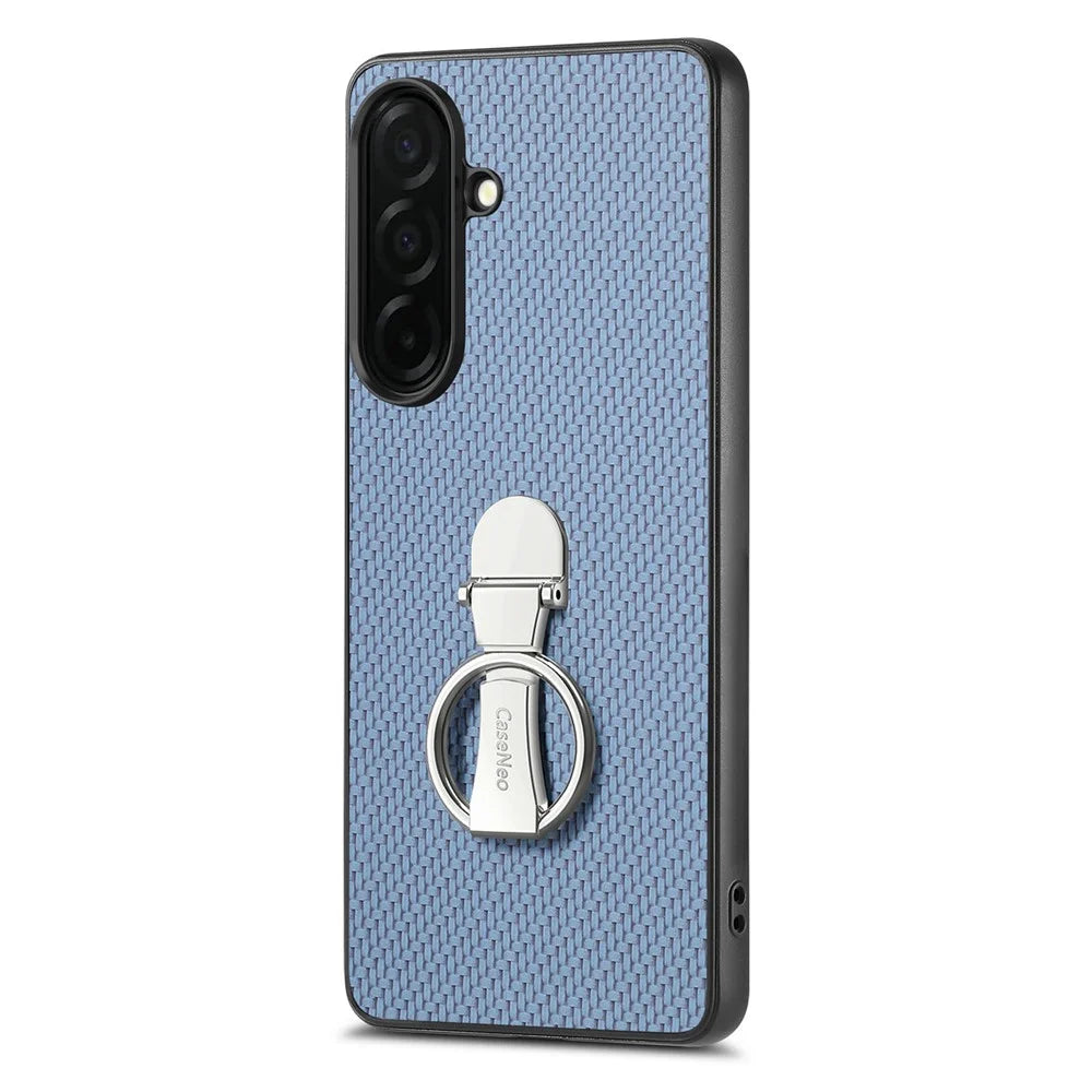 CASENEO C1-19 for Samsung Galaxy S26+ Case Folding Kickstand Leather Back Cover Carbon Fiber Texture - Blue - 1