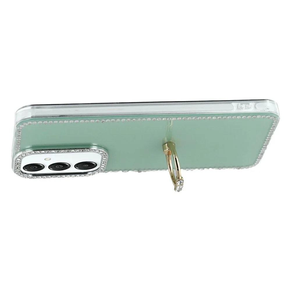 For Samsung Galaxy A57 5G Case with Ring Kickstand Rhinestone Edge TPU + PC IMD Phone Cover - Glitter Light Green - 2