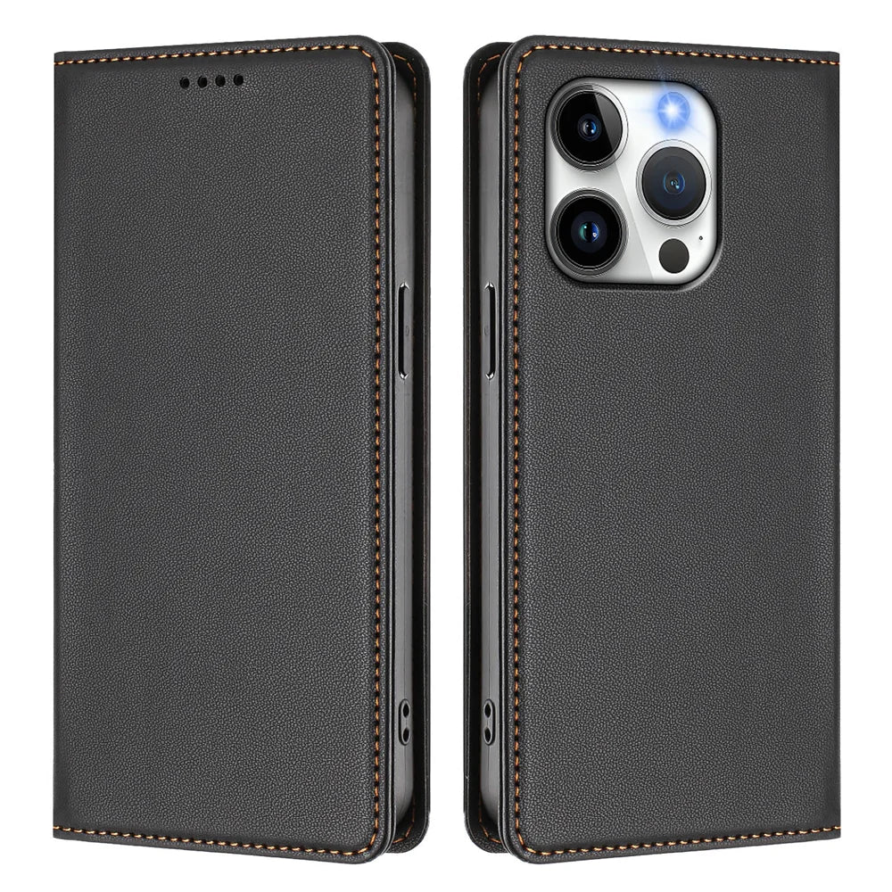 For iPhone 15 Pro Max / iPhone 15 Pro Leather Wallet Case Magnetic Closure RFID Blocking Phone Cover - Black - 1