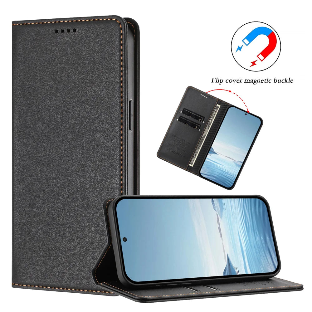 For iPhone 15 Pro Max / iPhone 15 Pro Leather Wallet Case Magnetic Closure RFID Blocking Phone Cover - Black - 3