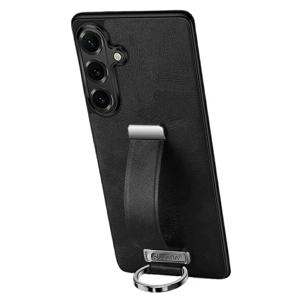SULADA Fashion Series for Samsung Galaxy S26+ Case Wristband Kickstand Leather Back Phone Cover - Black - 1