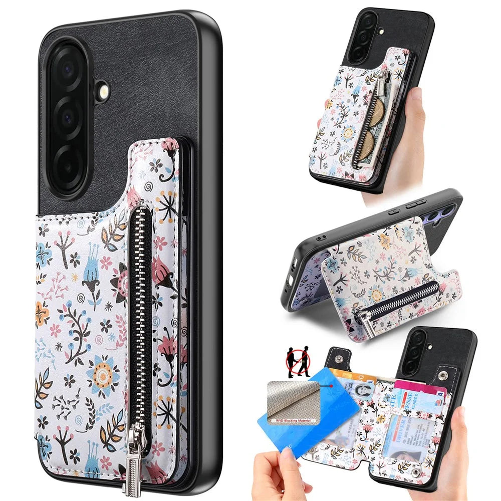 For Samsung Galaxy S26 Leather Phone Cover with RFID Blocking Zipper Card Bag Kickstand - Black - 1