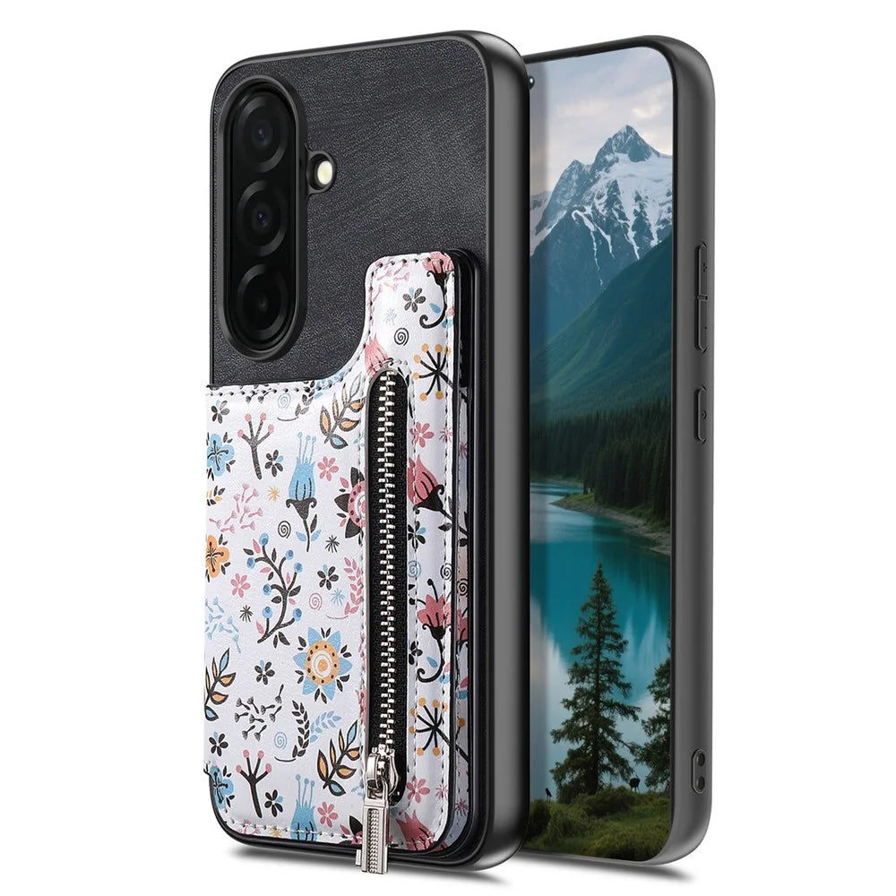 For Samsung Galaxy S26 Leather Phone Cover with RFID Blocking Zipper Card Bag Kickstand - Black - 4