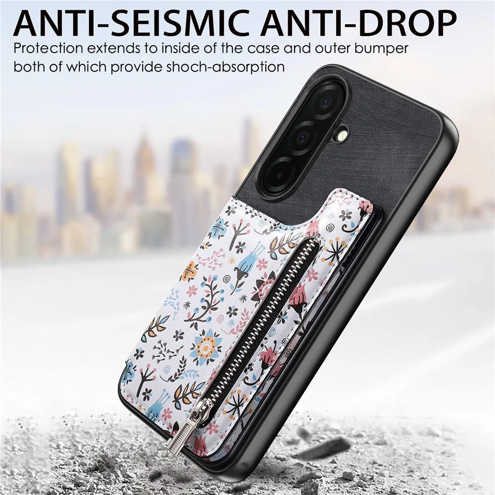 For Samsung Galaxy S26 Leather Phone Cover with RFID Blocking Zipper Card Bag Kickstand - Black - 5