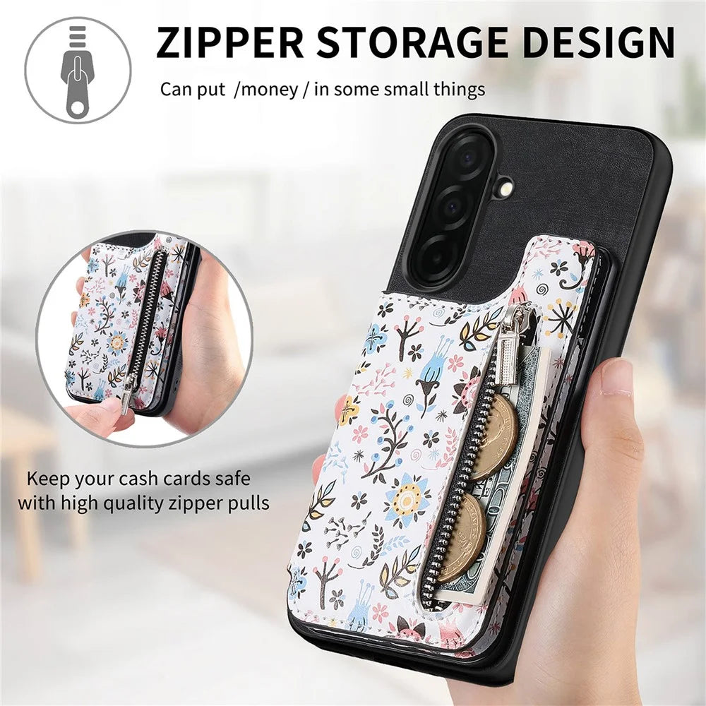 For Samsung Galaxy S26 Leather Phone Cover with RFID Blocking Zipper Card Bag Kickstand - Black - 6