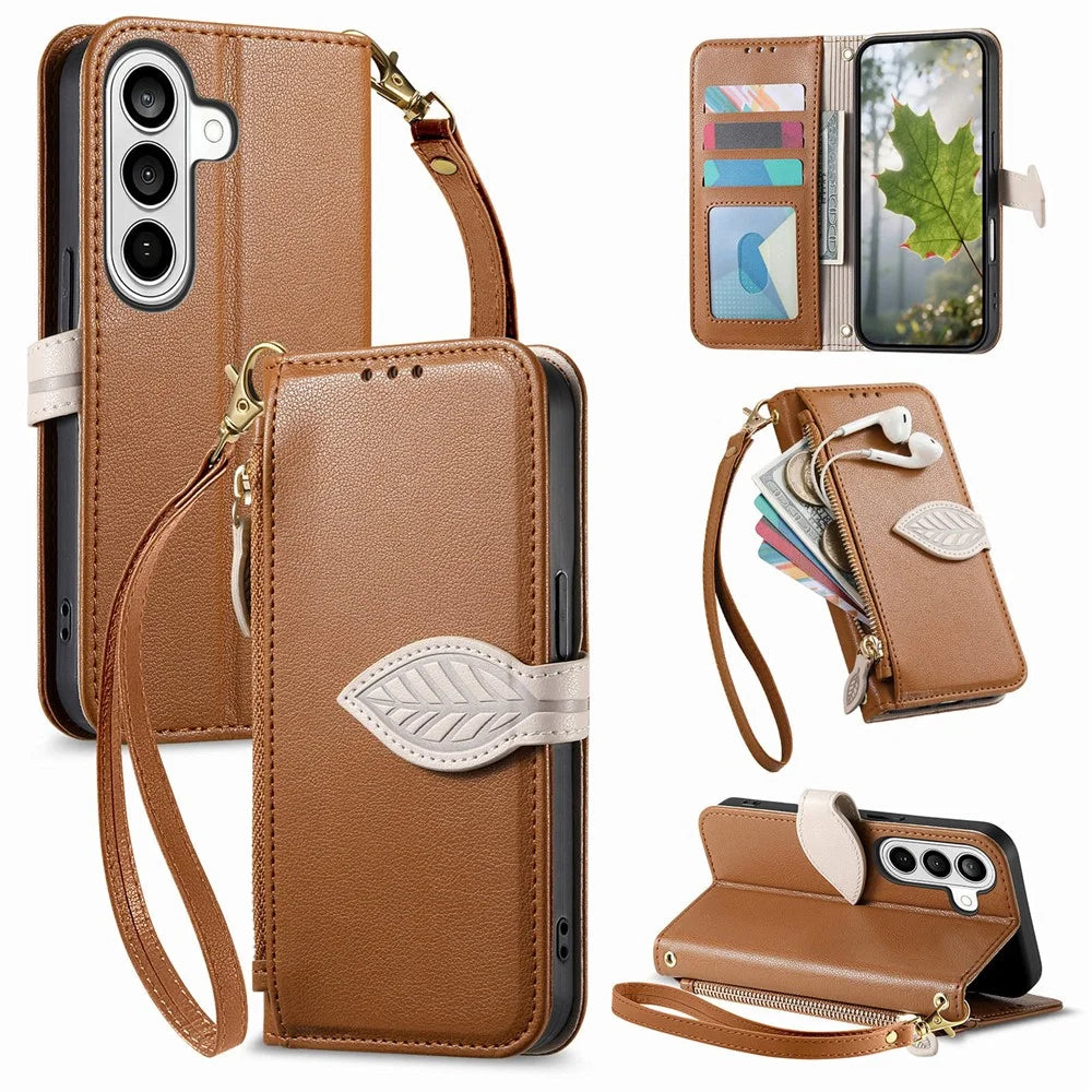 For Samsung Galaxy S26+ Stand Case Leaf Shape Magnetic Clasp Leather Phone Cover with Hand Strap - Brown - 1