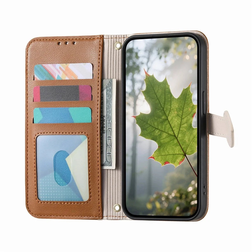 For Samsung Galaxy S26+ Stand Case Leaf Shape Magnetic Clasp Leather Phone Cover with Hand Strap - Brown - 2