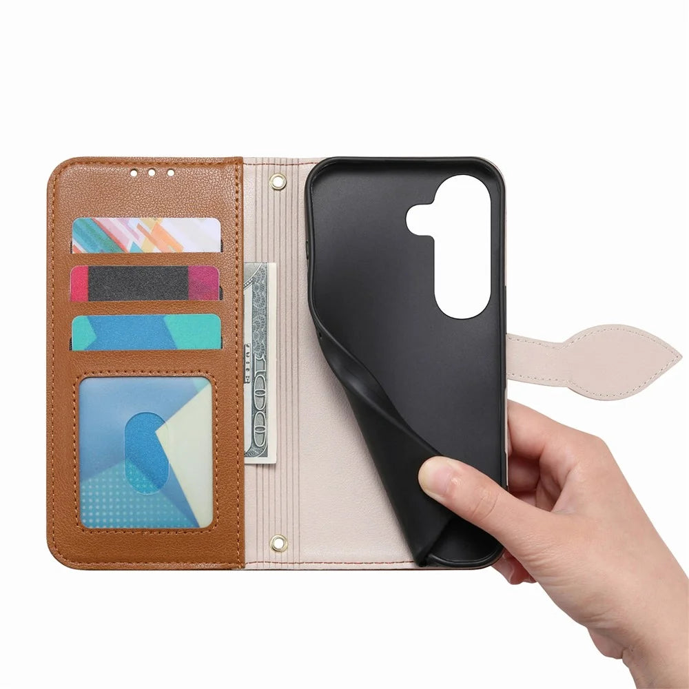 For Samsung Galaxy S26+ Stand Case Leaf Shape Magnetic Clasp Leather Phone Cover with Hand Strap - Brown - 4