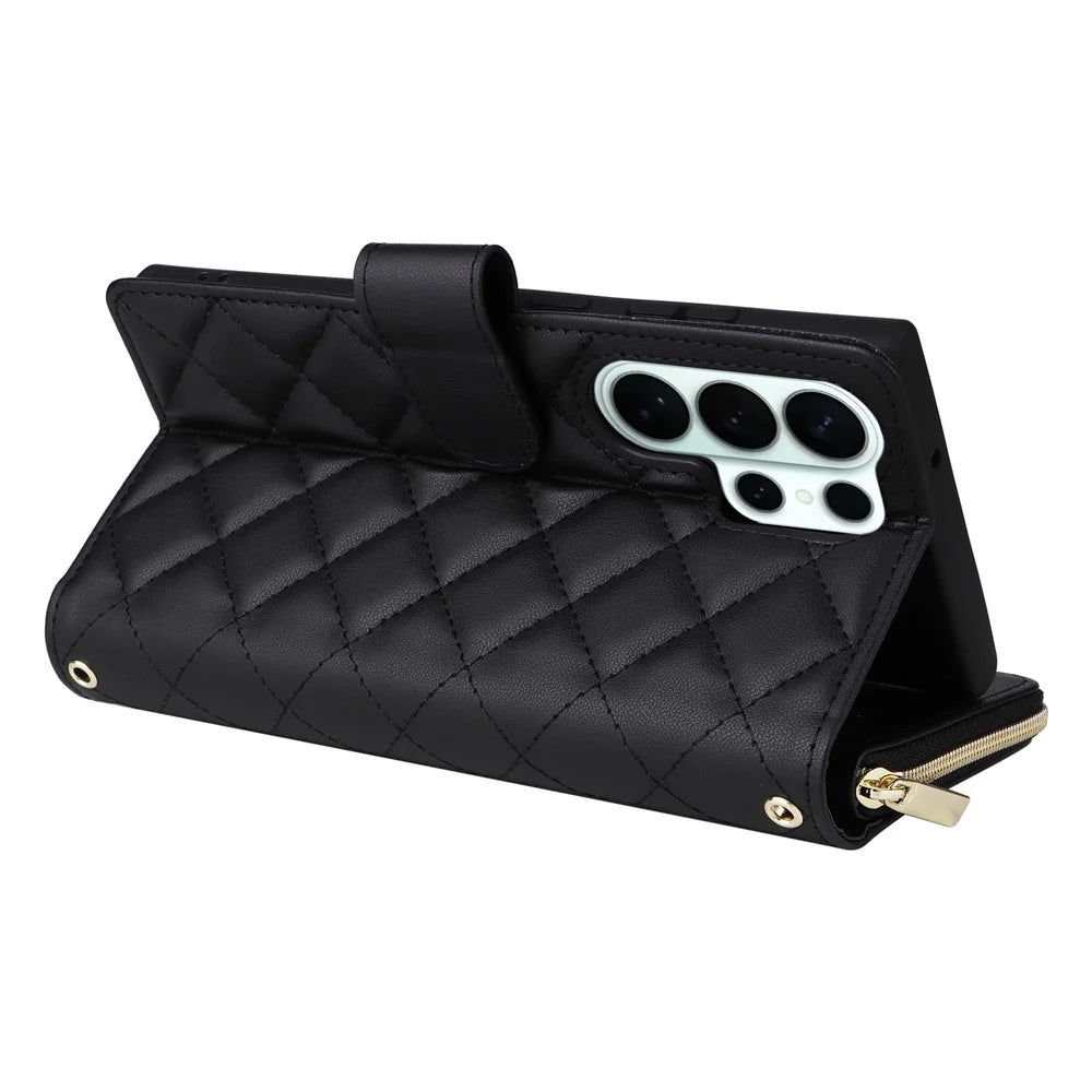 For Samsung Galaxy S26 Ultra Case Zipper Wallet Rhombus PU Leather Crossbody Phone Cover - Black - 5