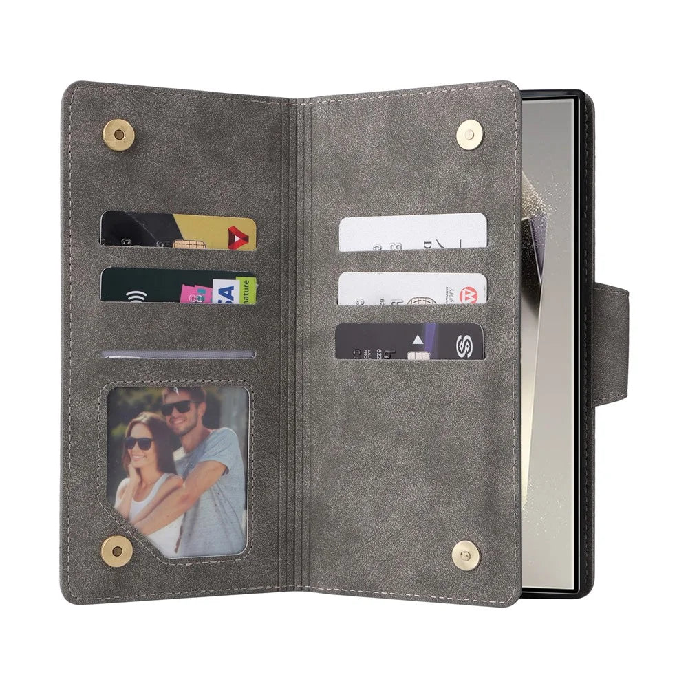 For Samsung Galaxy S26 Ultra Case Zipper Wallet Rivet Decor Leather Phone Cover with Wrist Strap - Grey - 2
