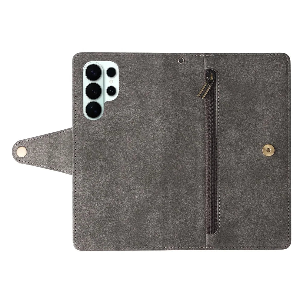 For Samsung Galaxy S26 Ultra Case Zipper Wallet Rivet Decor Leather Phone Cover with Wrist Strap - Grey - 4