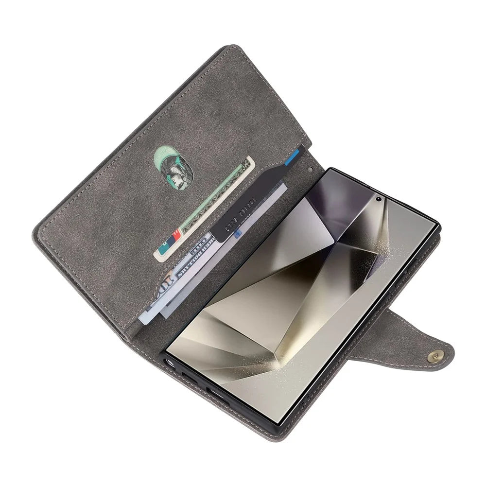 For Samsung Galaxy S26 Ultra Case Zipper Wallet Rivet Decor Leather Phone Cover with Wrist Strap - Grey - 6