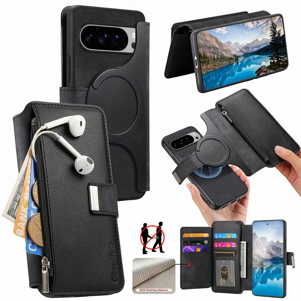 CASENEO MW-02 For Google Pixel 10 Pro XL Case Detachable Magnetic Leather Flip Cover - Black - 1