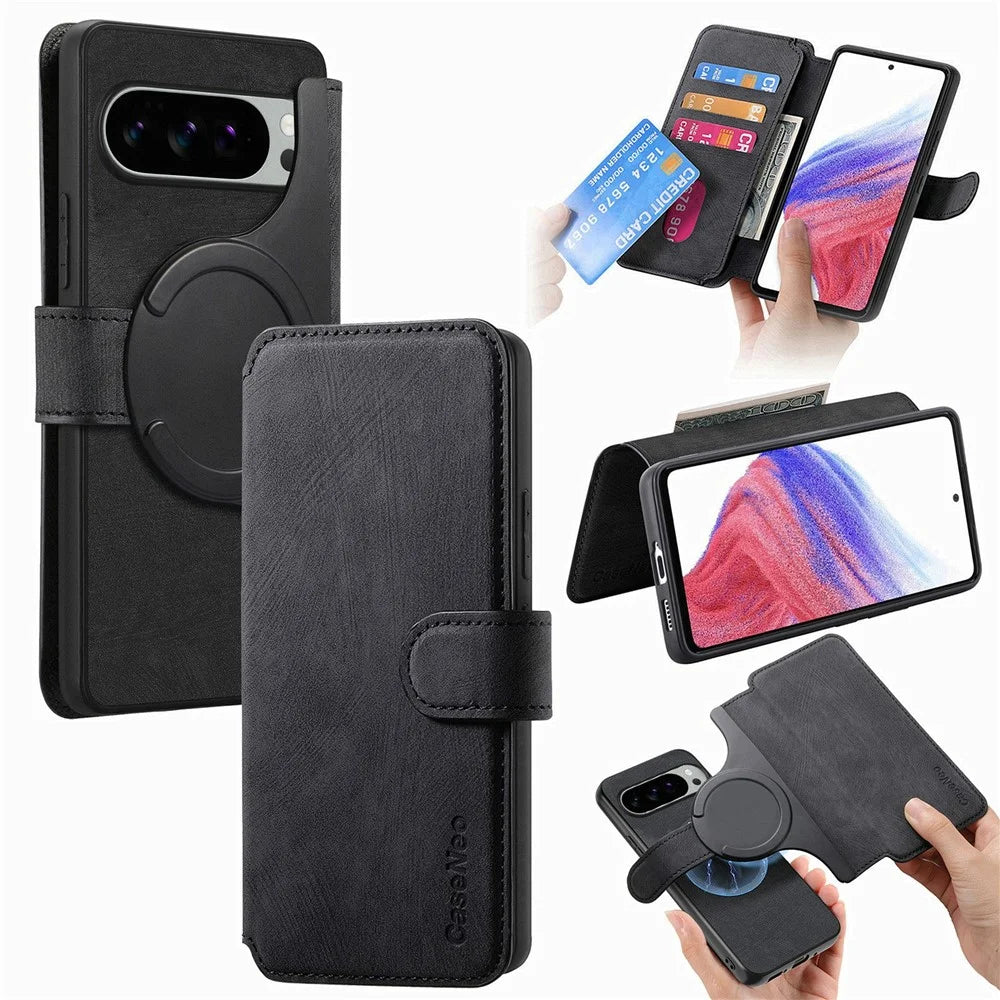 CASENEO MW-03 For Google Pixel 10 Pro XL Magnetic Case Detachable Leather Phone Wallet Cover - Black - 1