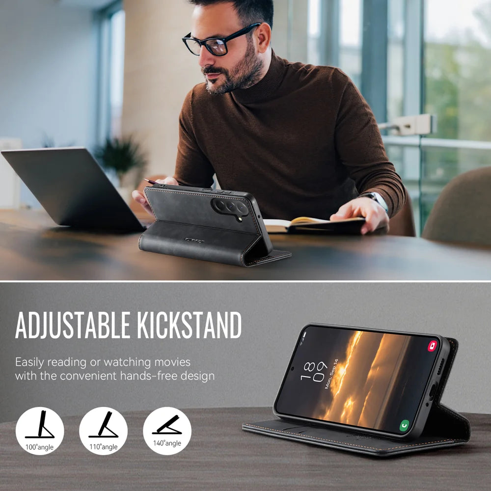 CASEME For Samsung Galaxy A37 5G Case  033 Series RFID Blocking Wallet Stand Calf Texture Leather Phone Cover - Black - 5
