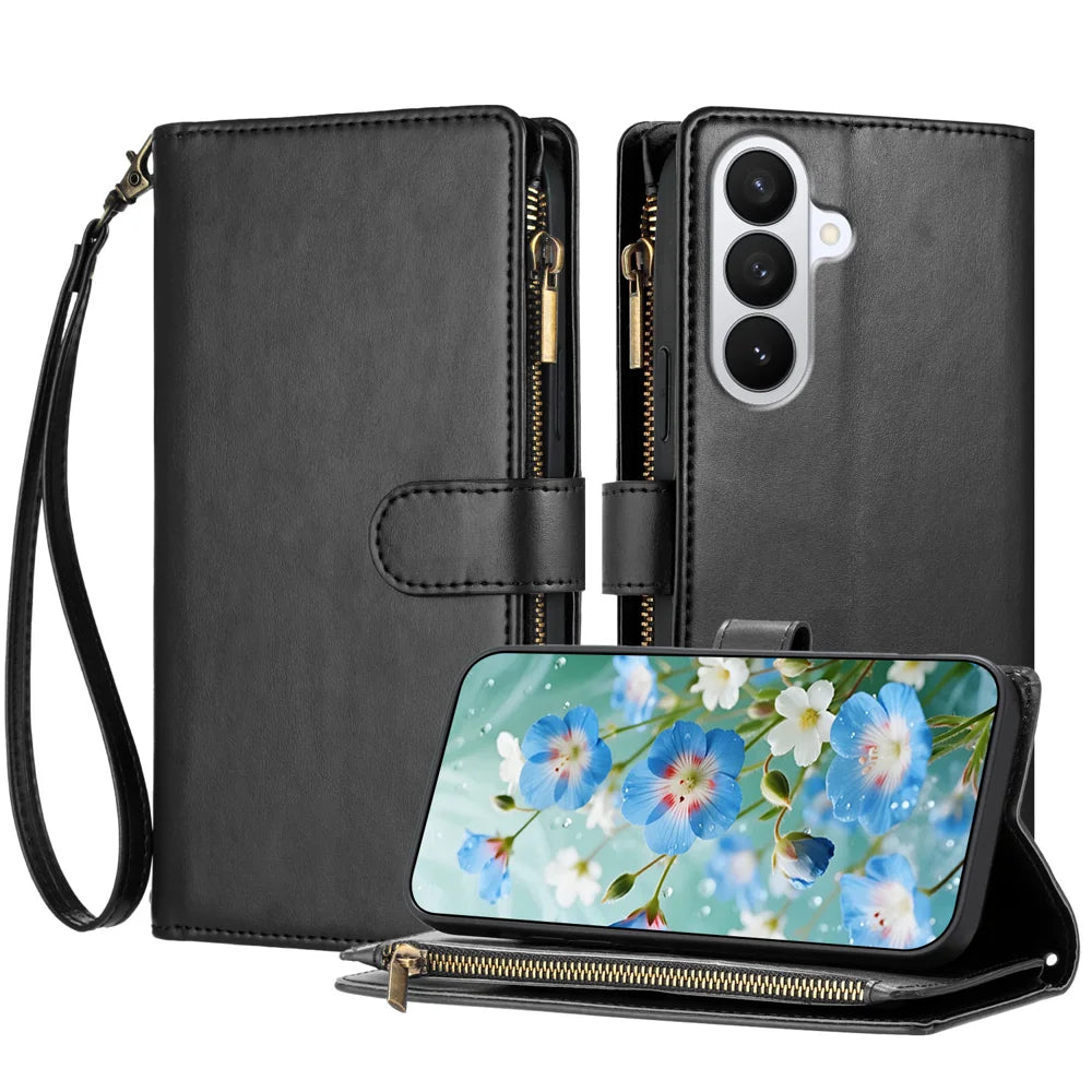 For Samsung Galaxy S26 Leather Case Zipper Wallet Stand Shockproof Phone Cover with Wrist Strap - Black - 1