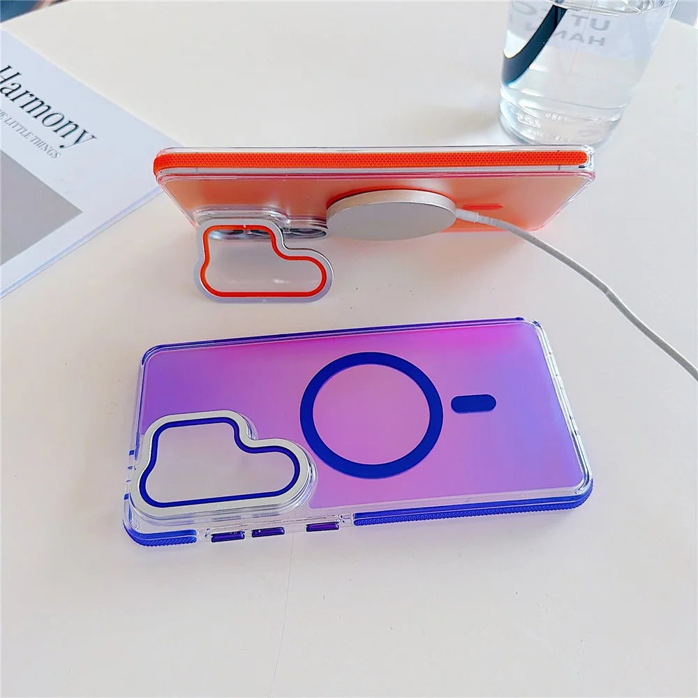 For Samsung Galaxy S26 Ultra Magnetic Case TPU Acrylic Phone Back Cover with Lens Film and Kickstand - Orange - 3