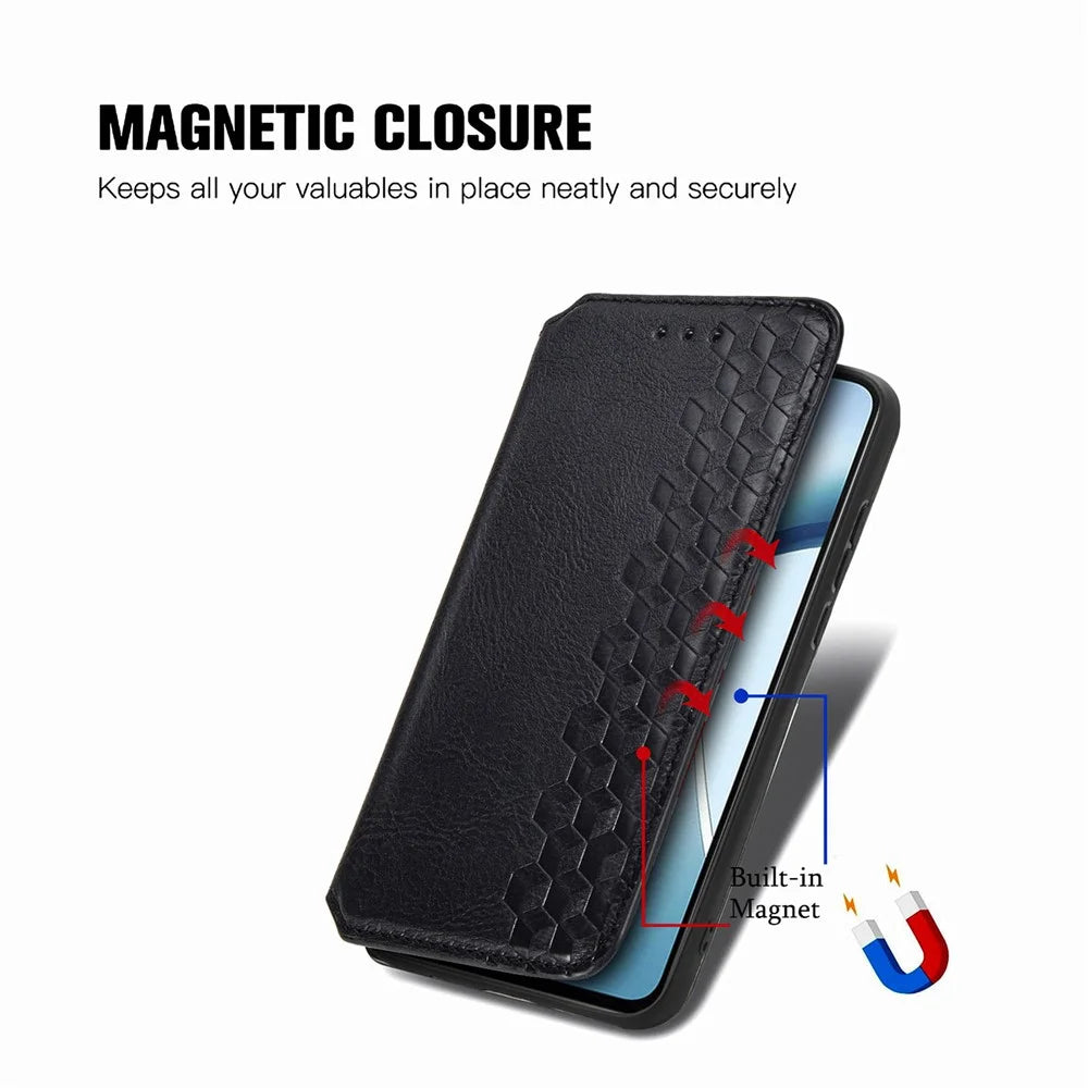 For Samsung Galaxy A57 5G Case Rhombus Imprint PU Leather Wallet Phone Cover - Black - 5