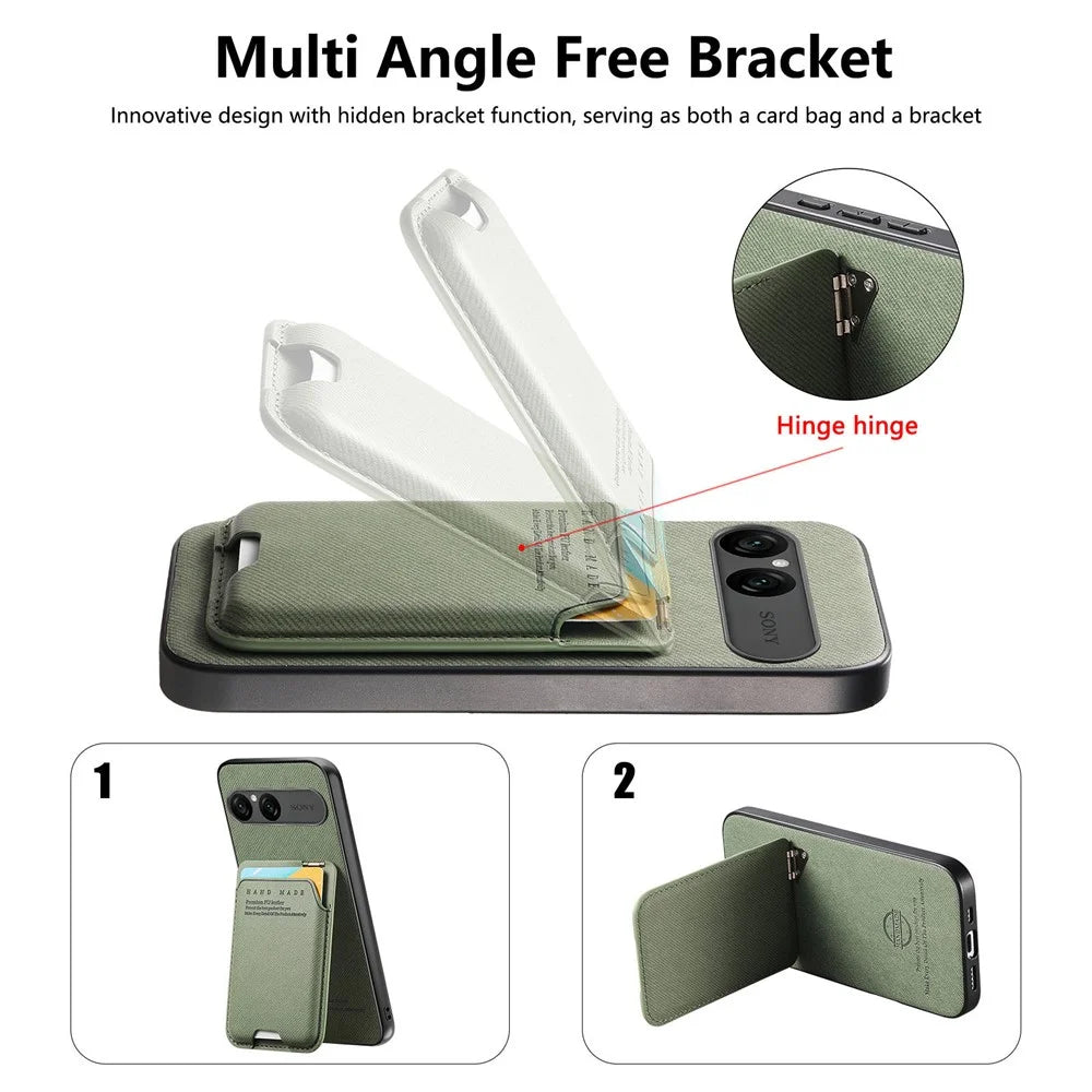 For Sony Xperia 10 VII Case Cloth Texture Leather + PC + TPU Phone Cover with Card Holder Kickstand - Green - 7