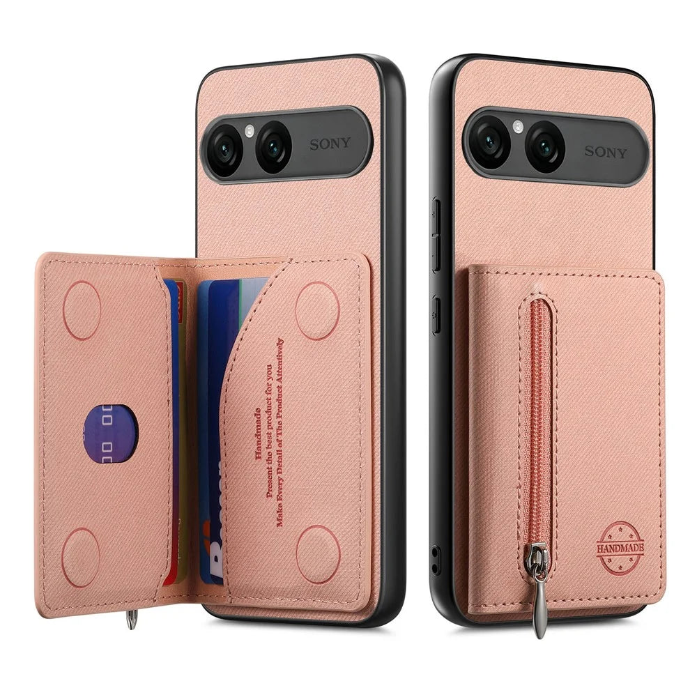 For Sony Xperia 10 VII Case Zipper Card Holder Kickstand Jeans Cloth Texture Leather Back Cover - Pink - 2