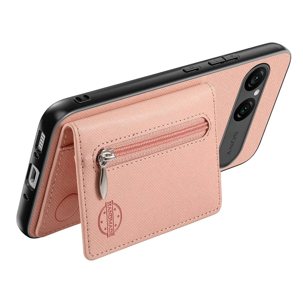For Sony Xperia 10 VII Case Zipper Card Holder Kickstand Jeans Cloth Texture Leather Back Cover - Pink - 3