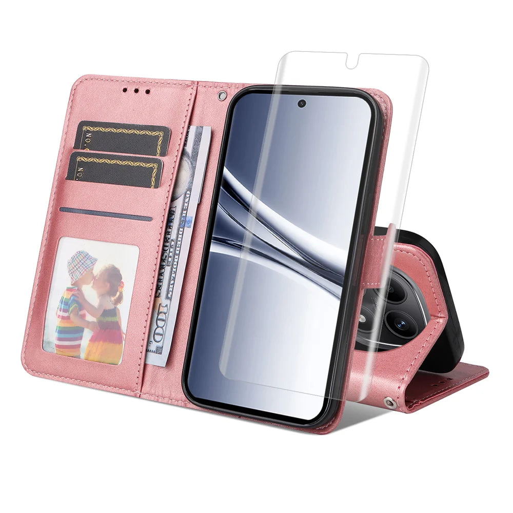 ENKAY HAT PRINCE For Xiaomi Redmi Note 15 5G (Global) / Xiaomi Redmi Note 15 4G (Global) / Xiaomi Poco M8 5G Wallet Case   Calf Texture Leather Phone Stand Cover with Hydrogel Film / Strap - Pink - 1