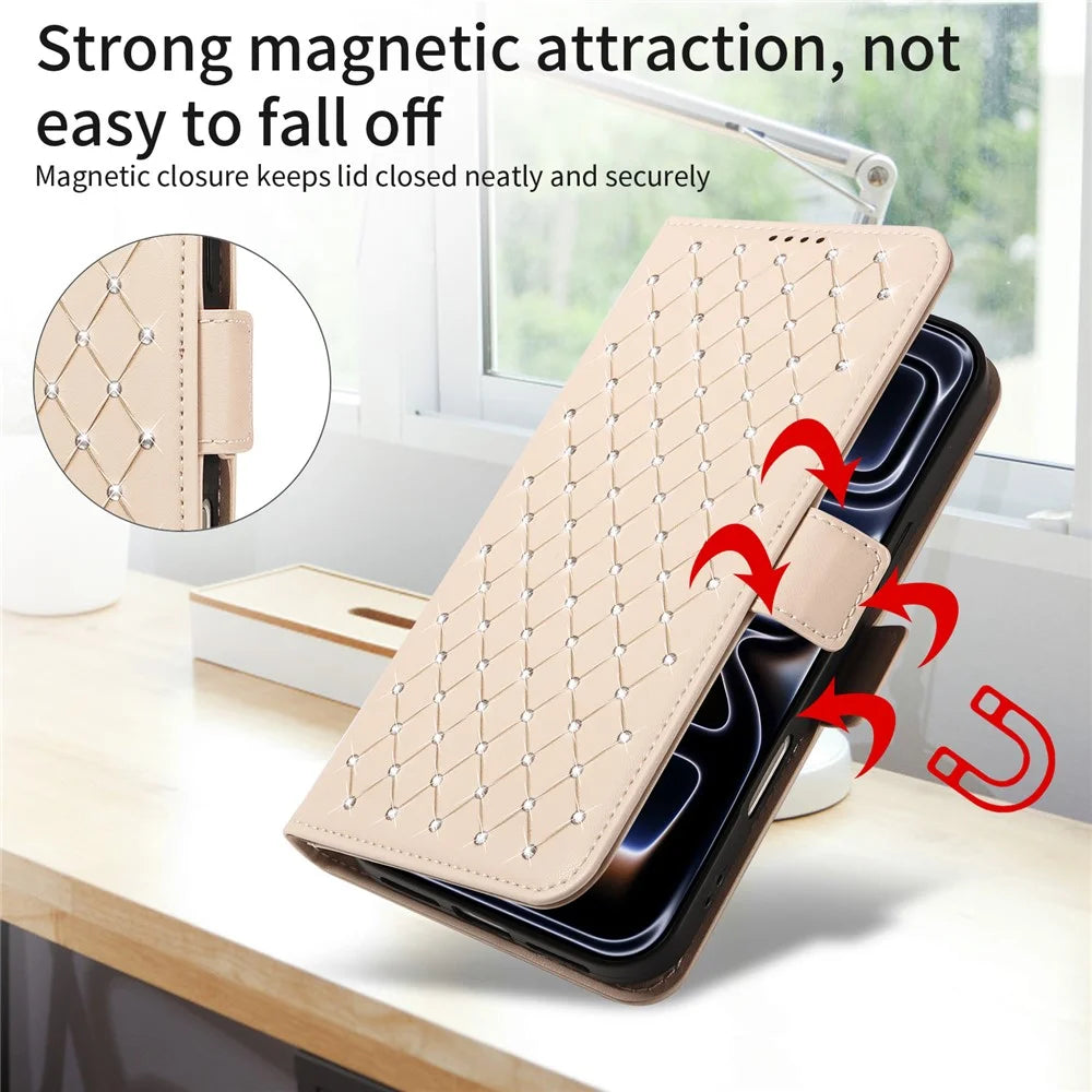 For Google Pixel 9 Pro / Google Pixel 10 / Google Pixel 10 Pro / Google Pixel 9 Leather Case Rhinestone Decor Rhombus Pattern Wallet Stand Flip Phone Cover with Straps - Apricot - 4