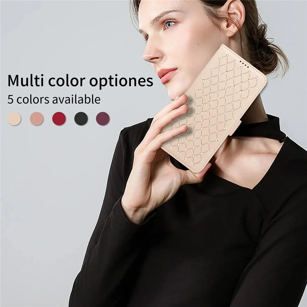 For Samsung Galaxy S25 Edge Leather Case Rhinestone Decor Rhombus Pattern Wallet Stand Flip Phone Cover with Straps - Apricot - 3