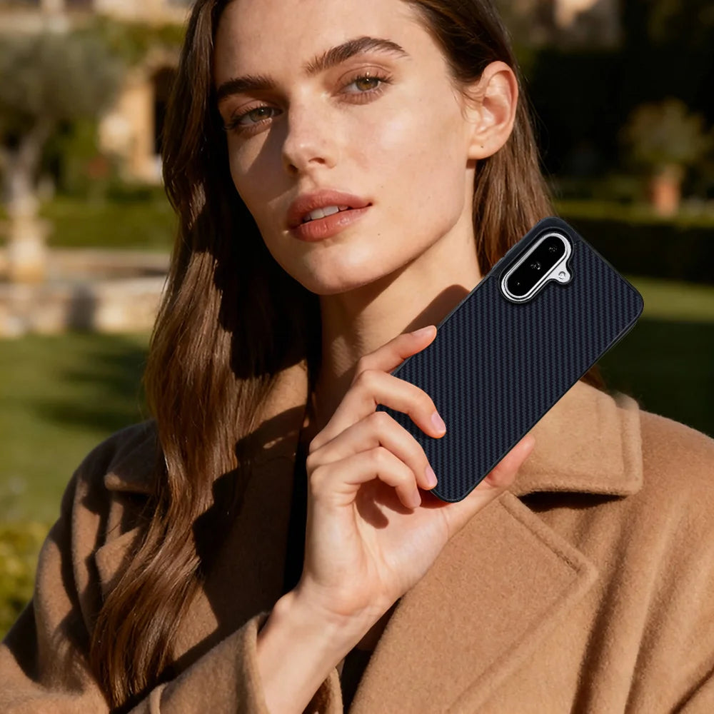 EYCASE For Samsung Galaxy A27 5G Magnetic Case Aramid Fiber Series UV Printed Black Edge TPU Acrylic Phone Cover - Black Grey - 7