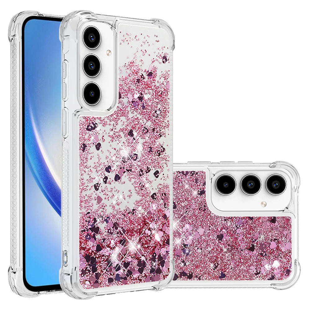 For Samsung Galaxy A57 5G TPU Case Glitter Quicksand Shockproof Phone Back Cover - Rose Gold / Hearts - 1
