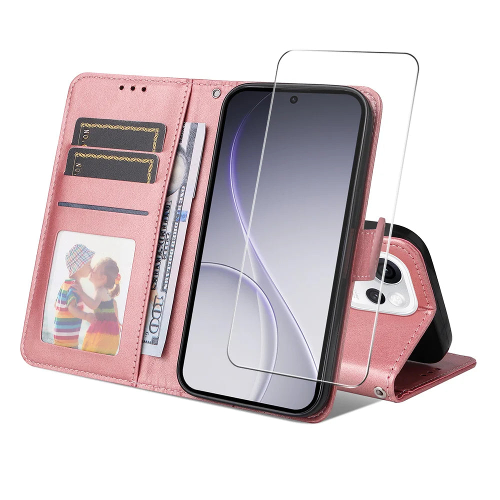ENKAY HAT PRINCE For Oppo Reno15 Pro Max 5G (Global) PU Leather Wallet Case   Phone Stand Cover with 9H Tempered Glass - Pink - 1