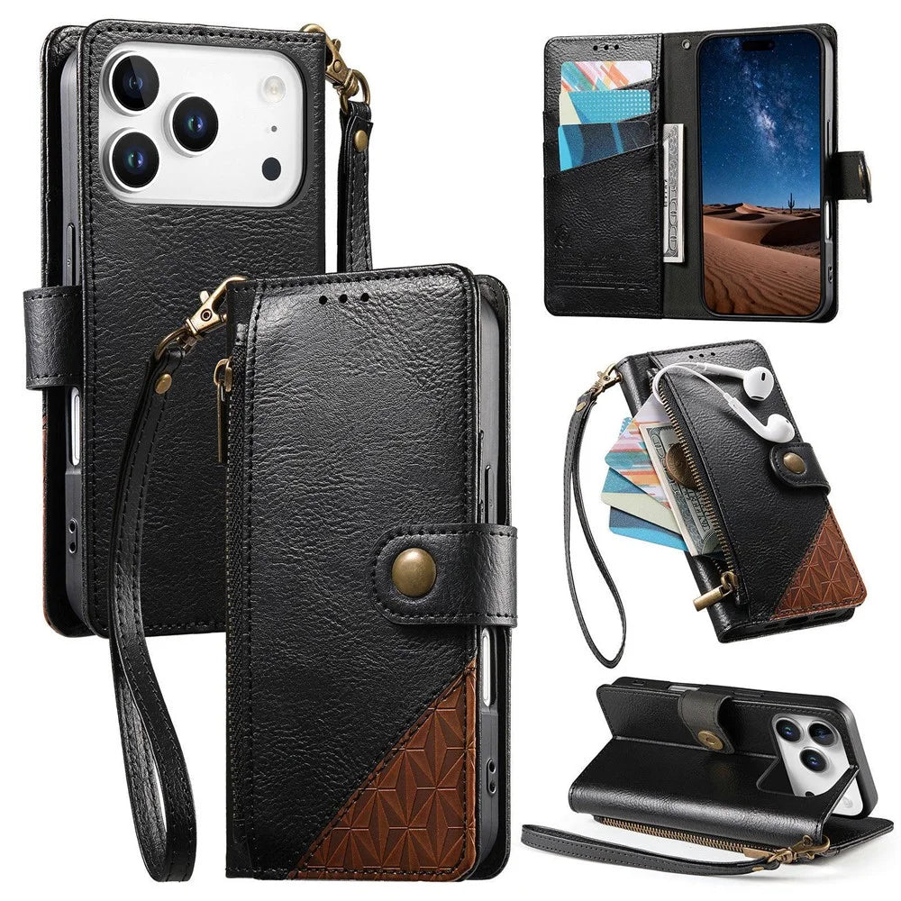 For iPhone 18 Pro / 17 Pro Case Color Splicing TPU PU Leather Flip Shockproof Phone Cover with Wrist Strap - Black - 1