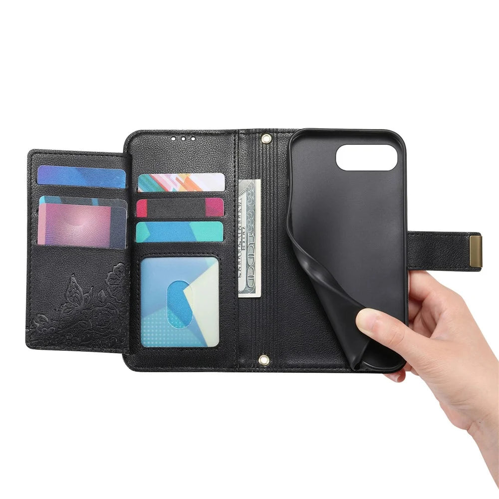 For Google Pixel 9a Case Floral Leaf Pattern Multi Card Slots Zipper Leather Phone Cover with Wrist Strap - Black - 4