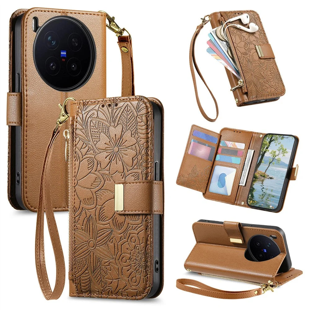 For vivo X300 Pro 5G Case Floral Leaf Pattern Multi Card Slots Zipper Leather Phone Cover with Wrist Strap - Brown - 1