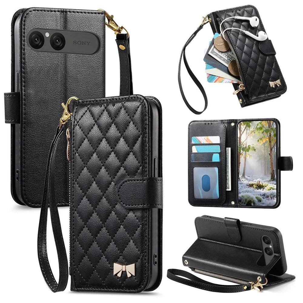 For Sony Xperia 10 VII Stand Case Imprint TPU PU Leather Zipper Pocket Wallet Phone Cover with Strap - Black - 1