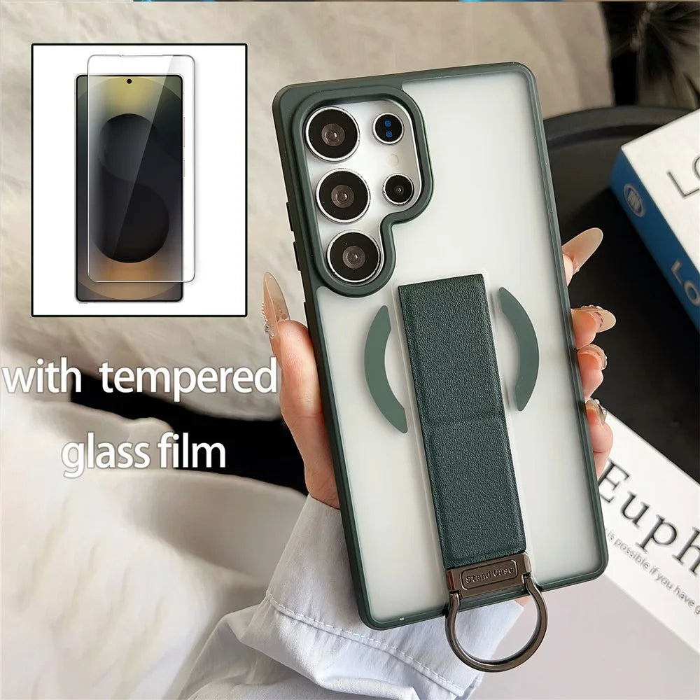 For Samsung Galaxy S26 Ultra TPU Case Skin Touch D Ring Kickstand Magnetic Phone Cover with Tempered Glass - Green - 3