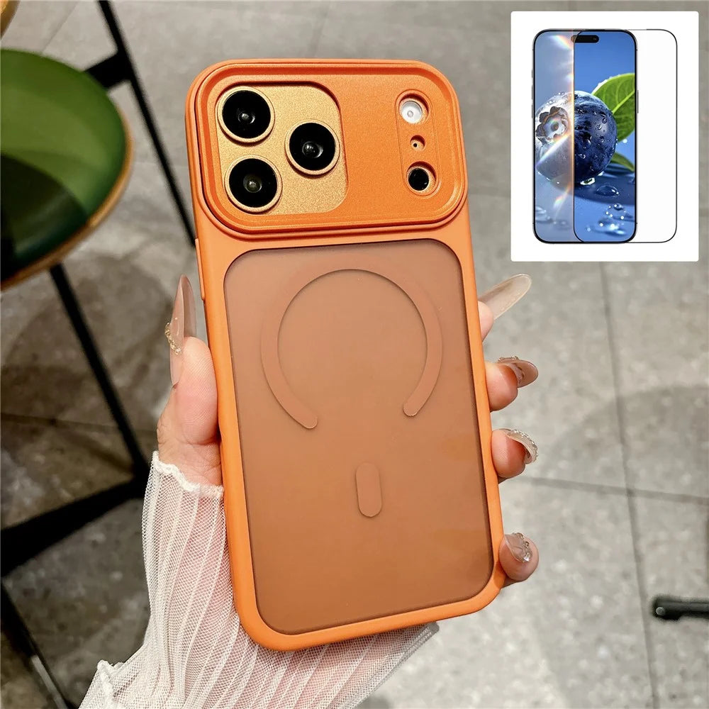 For iPhone 17 Pro Magnetic Case Skin Touch PC + TPU Anti-slip Phone Cover with Tempered Glass Compatible with MagSafe - Orange - 1